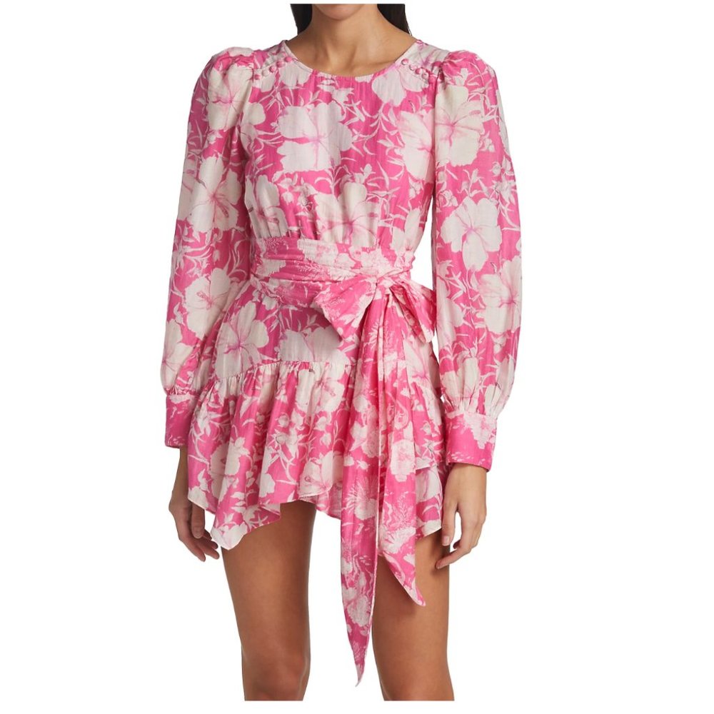 LoveShackFancy Teyana Floral Cotton-Silk Minidress pink fuschia size 8